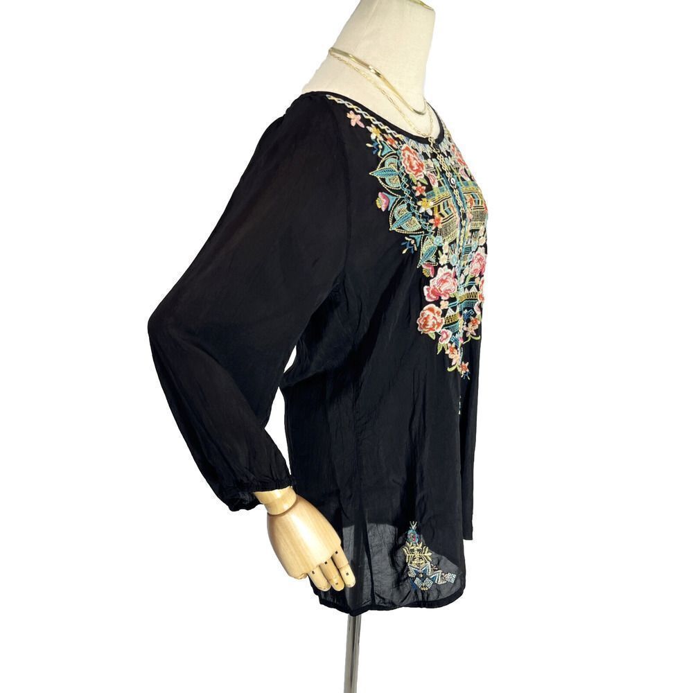 Johnny Was Black Floral Embroidered Tunic Top Small Crinkled Cupra Rayon Boho - Picture 5 of 16